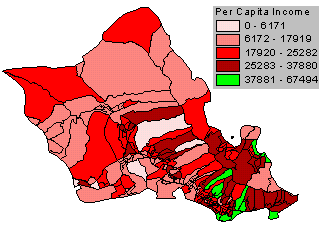 The census tract map of Oahu Island in terms of per capita income is shown in the figure.