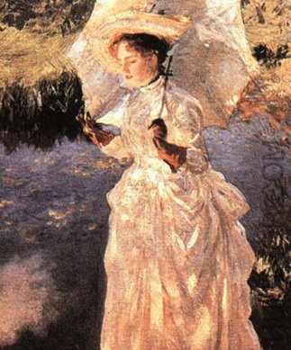 A Morning Walk - Drawn girl in a white dress and a hat with an umbrella.