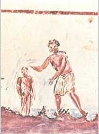 The two men on a water - fresco in San Callisto Catacombs.