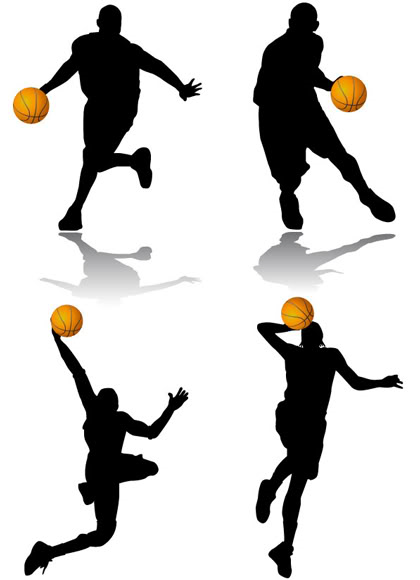 Silhouettes of people playing basketball.