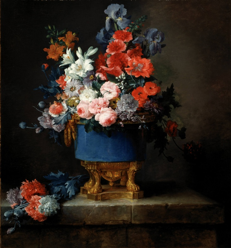 Anne Vallayer Coster Bouquet Of Flowers In A Blue Porcelain Vase.