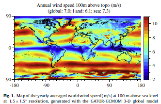 Map of the yearly averaged world wind speed.