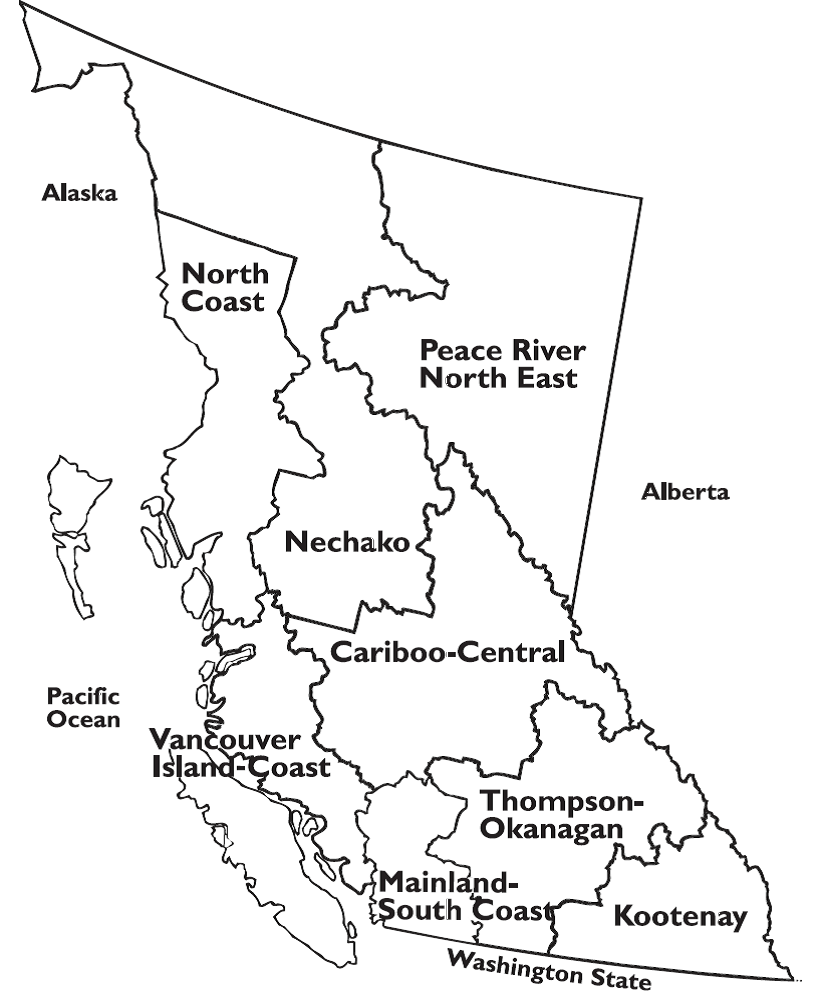 The map of the agricultural regions of British Columbia.