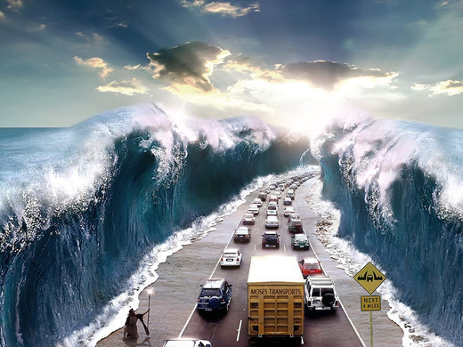 Surrealistic drawing - sea waves the size of a building around a road with cars.