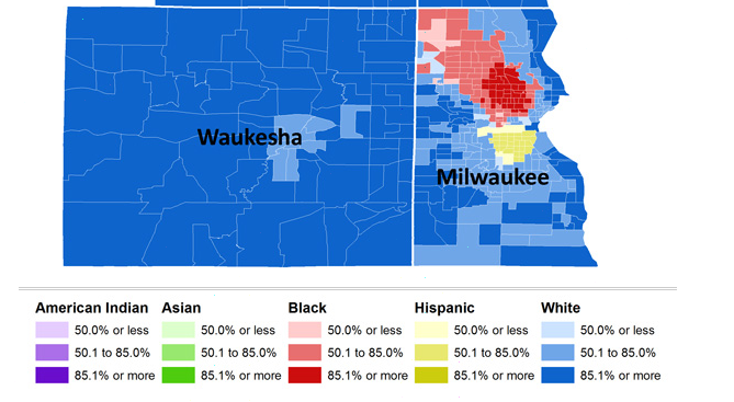 Residential Segregation of Waukesha and Milwaukee map.