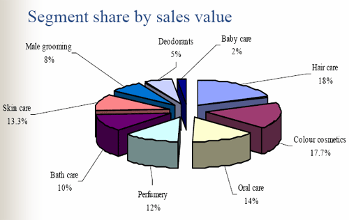 A pie chart representing the segment share by sales value of cosmetics in Russia in 2008.
