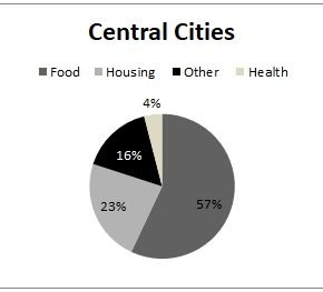 Chart demonstrates proportion housing, food, health and other program contacts in Central Cities.