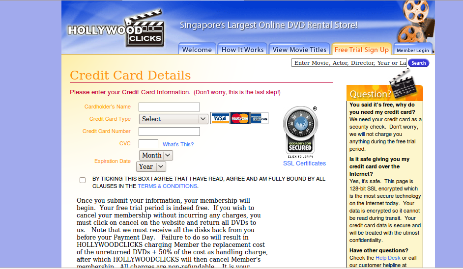 Hollywood clicks requires Credit Card Information.