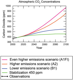 Predictions of greenhouse gas concentrations for four scenarios.