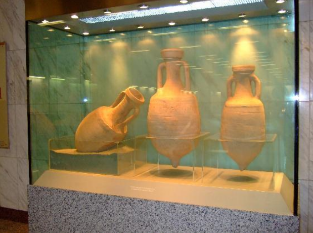 Ancient pottery on display.