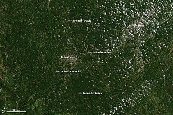 An image of Alabama from space shows tornado tracks from April 28, 2011.