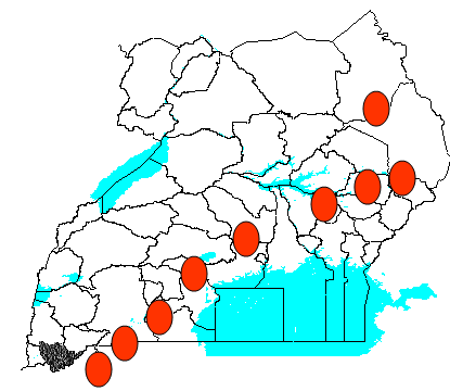 A map of Uganda showing the location of dry land areas due to deforestation.