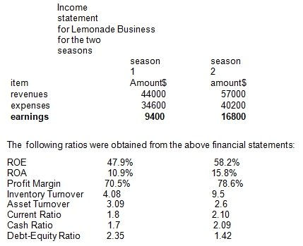 Income statement for Lemonade Business.