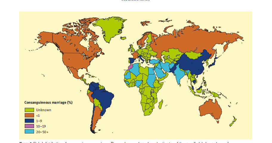 The map shown next indicates the prevalence rates of consanguineous marriages across the globe.