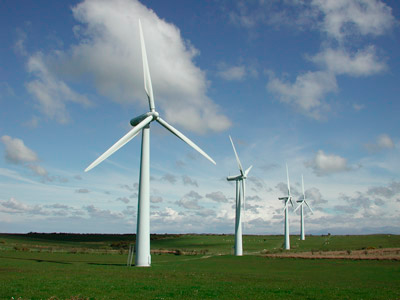 A typical wind turbine in a wind farm.