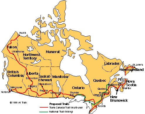 Canada Map showing the mountain biking routes.