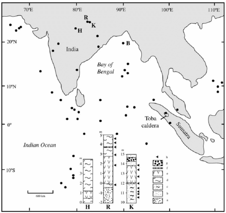 Distribution of volcanic ash from the 73 ka Toba super-eruption showing location of marine cores and sections sampled in India
