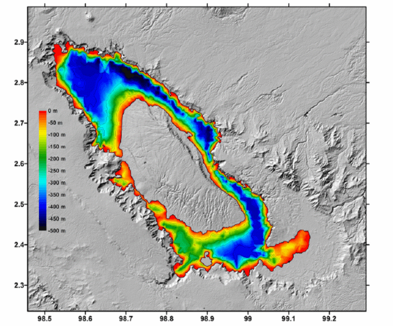Bathymetric map of Lake Toba. Depth is represented by isochrones; 100 m contour lines are plotted for reference.
