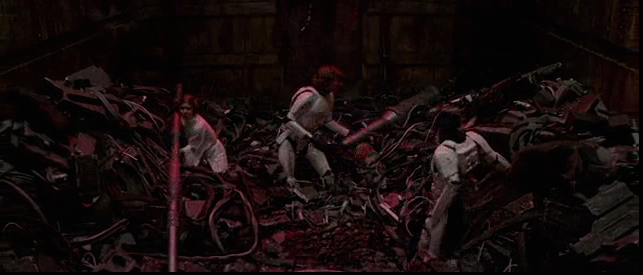 Scene in Lucas film with Luke Skywalker, Princess Lea and Han Solo