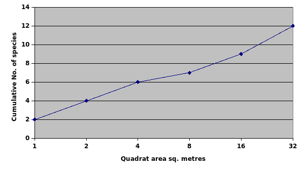 The Relationship between the Cumulative Number of Species and the Quadrat size for Area 2