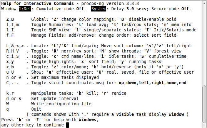 Help for Interactive commands - Screen capture.