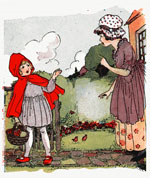 Little Red Riding Hood and her mother outside their cottage