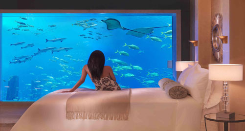 A woman in the hotel with a big aquarium inside the room.