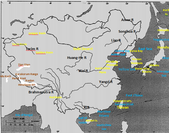 physical map of east asia with rivers