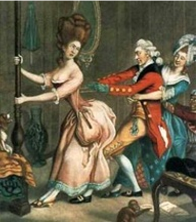 A man tightens a corset to a woman.