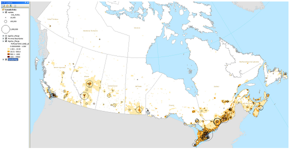 Density pattern at the hinterland and heartland regions in Canada.