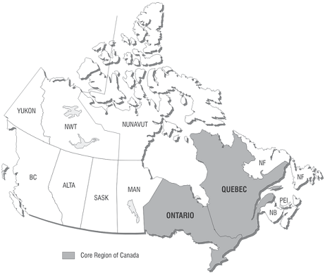 The heartlands core of Ontario and Quebec provinces Canada.