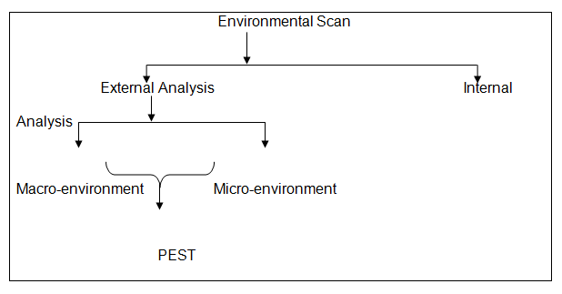 Diagram showing how PEST analysis fits in the environmental Scan Process.