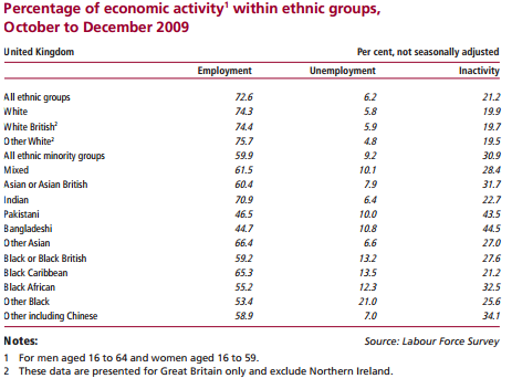 Percentage of economic activity within ethnic groups.