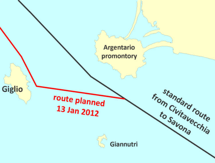Map showing standard route and the deviation by the Concordia
