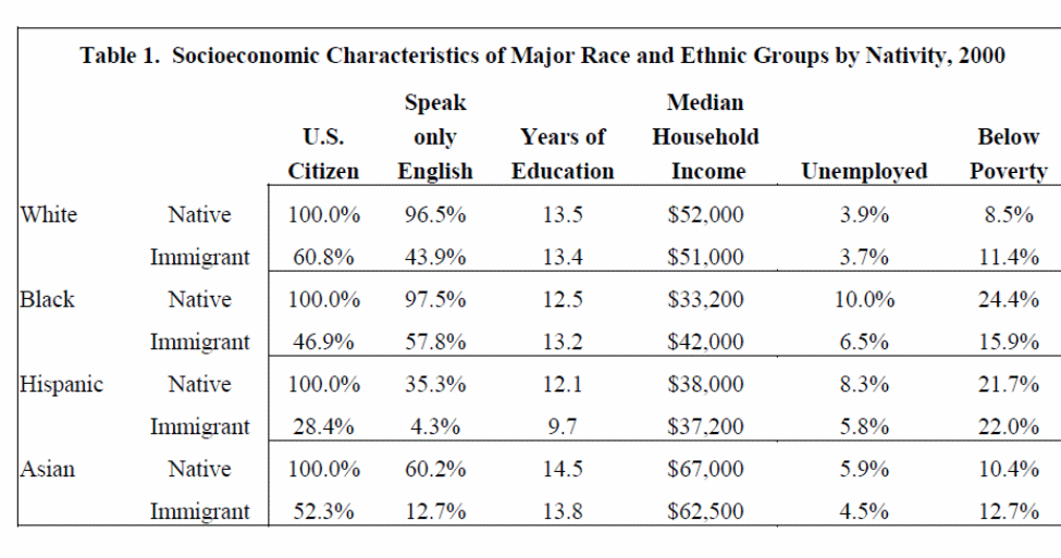 Socioeconomic Characteristics of Major Race and Ethnic Group by Nativity, 2000