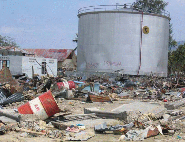 A displaced fuel storage tank in Kreung Raya