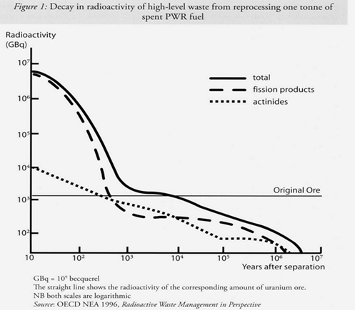 Decay in radioactivity of high-level waste from reprocessing one tonne of spent PWR fuel