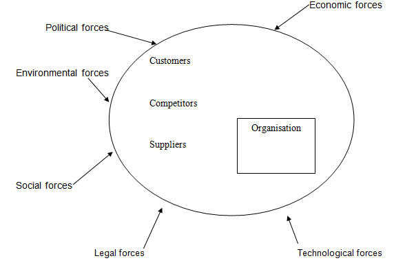 diagrammatical representation of the organisation and the external and internal environments