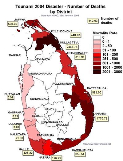 Regions and death in Sri Lanka, Tsunami 2004.