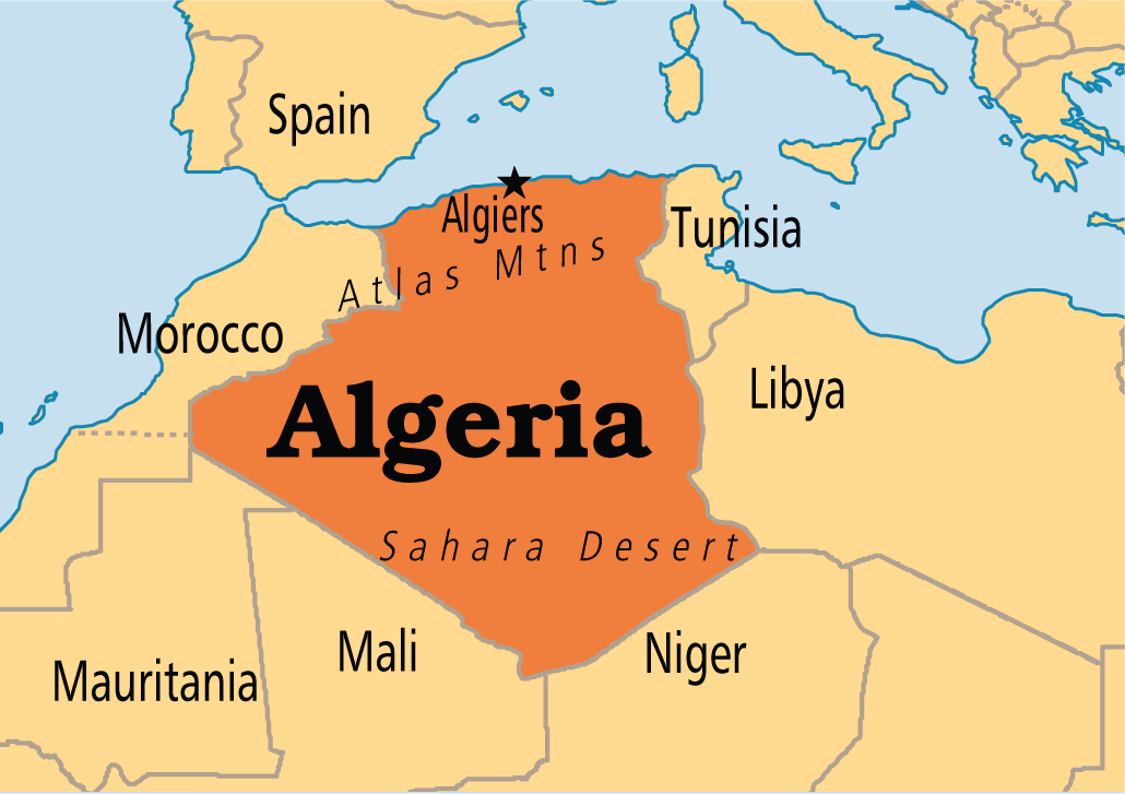 Map of Algeria with Tunisia on its North East Border