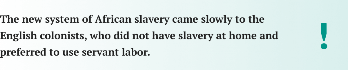 The system of African slavery came slowly to the English colonists.