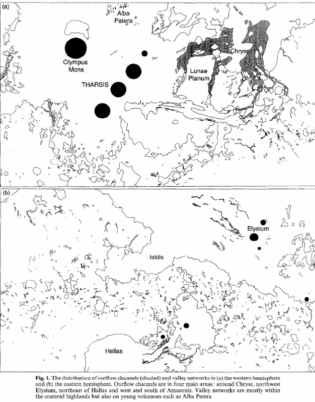 The distribution channels (shaded) and valley networks in (a) the western hemispere and (b) the castern hemispere.
