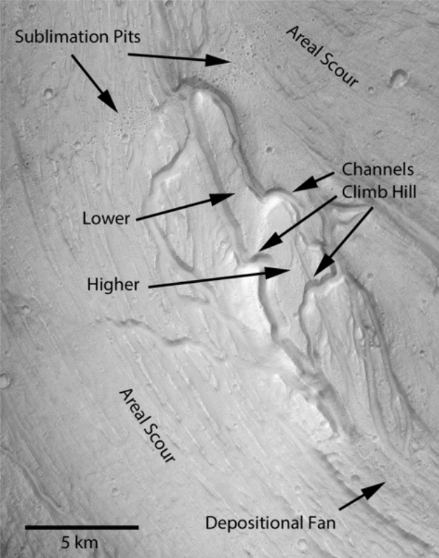 Arfstrom's channels are characterized by branching, and undulating elevated terminal deposition fans measuring 6 km wide and large scale streamlined landforms