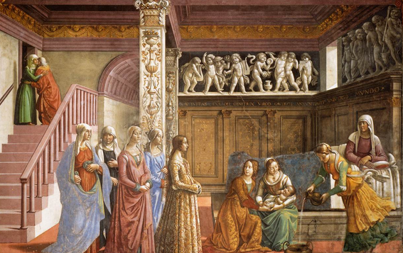Birth of the Virgin, Domenico Ghirlandaio, 1485-1490, Early Italian Renaissance (Kuiper 148; Lee Rubin 240).