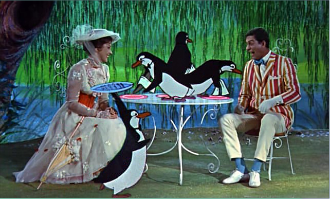 Scene, in which animated butler-penguins serve Mary and Bert at the table.
