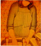 Mrs. Piggott is being depicted faceless, as she takes care of her domestic chores of a housewife.