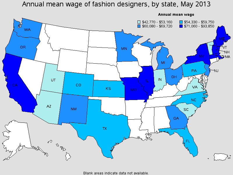 Annual mean wage for fashion designers by state.