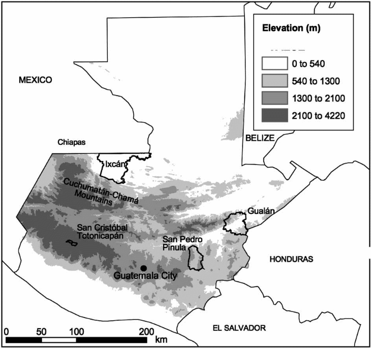 Location of Guatemala and the main areas of study on transnational migration.