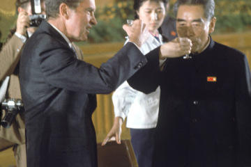 US President Richard Nixon and Chinese Premier Chou Enlai toasting with Maotai while dining in Great Hall of People, during Nixon's trip to China by Christy Choi