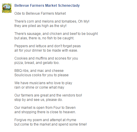 A poem concerning the farmers market (“Bellevue Farmers Market Schenectady” para. 1)